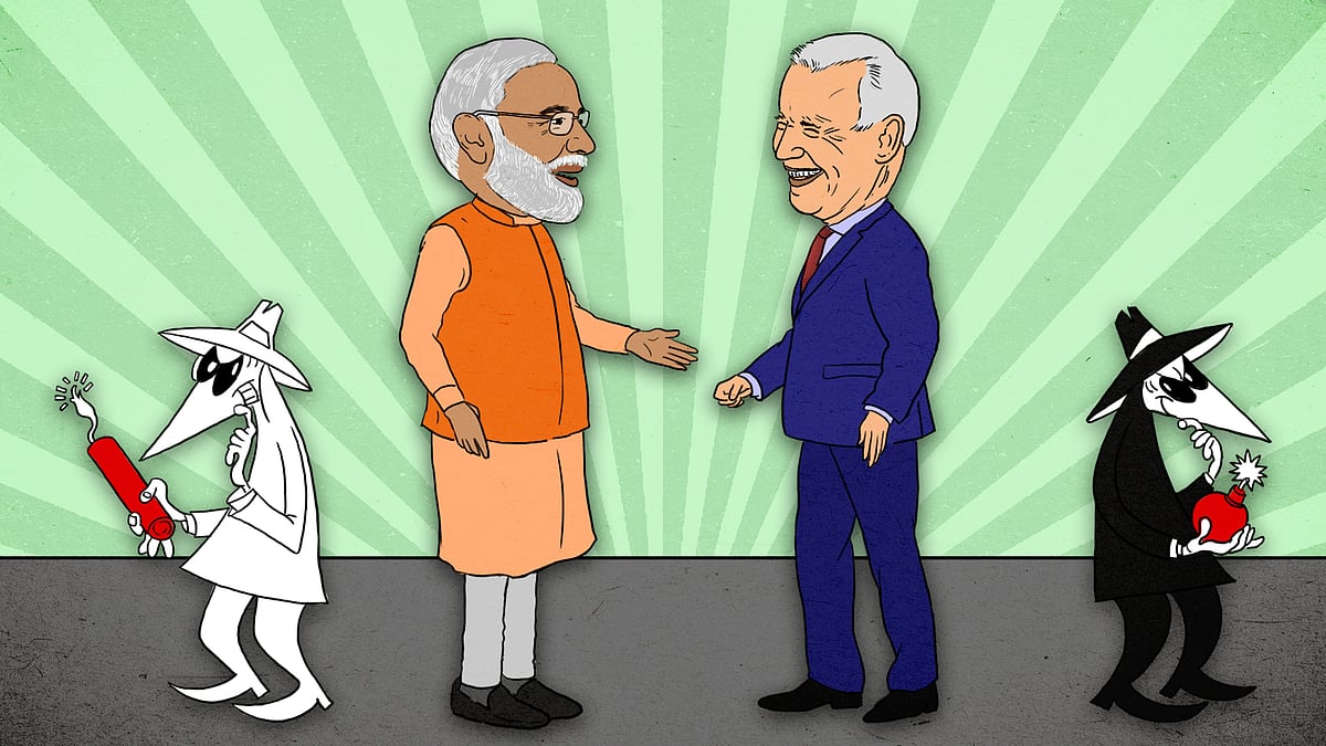 Illustration of Modi and Biden with spies standing behind them. 