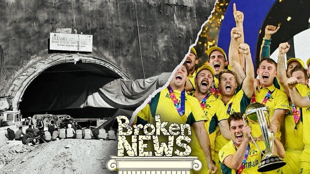 The Uttarakhand tunnel on the left, and Australia celebrating its win in the Cricket World Cup on the right.