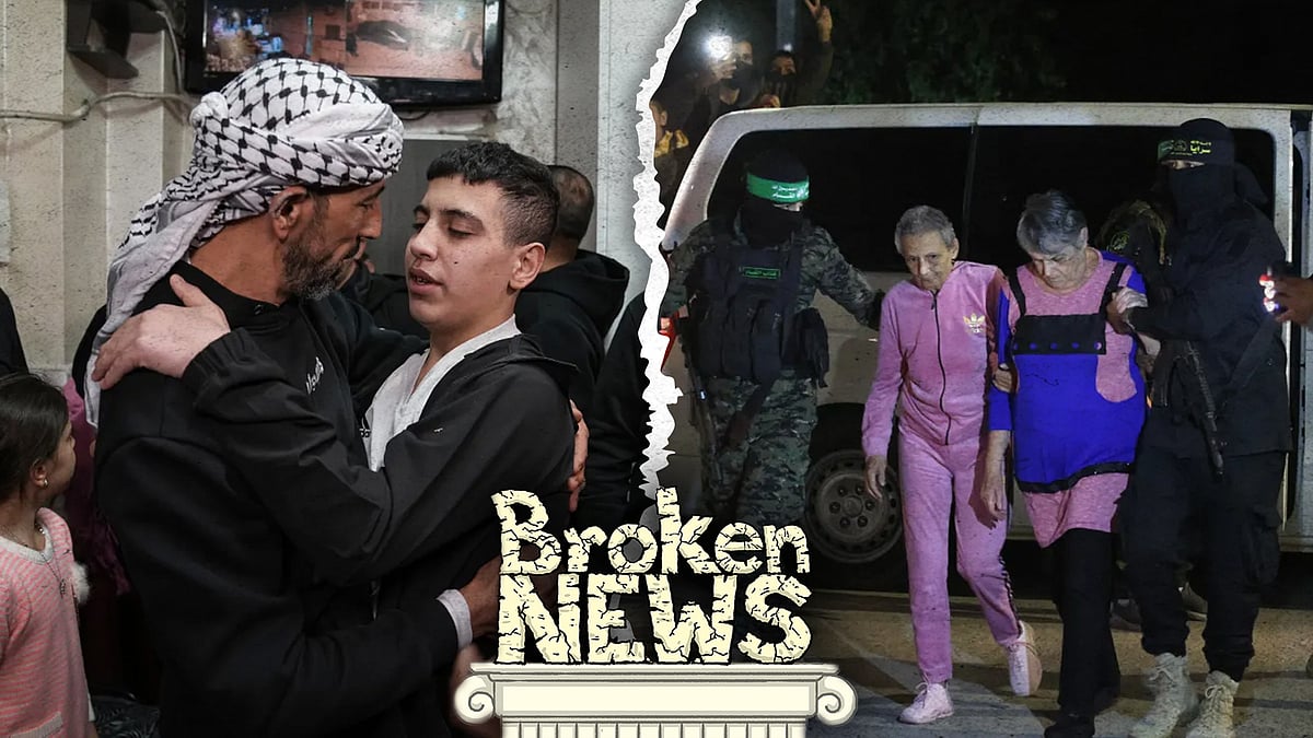 A Palestinian with his family after being released by Israel (Left); Israeli captives being released by Hamas. 