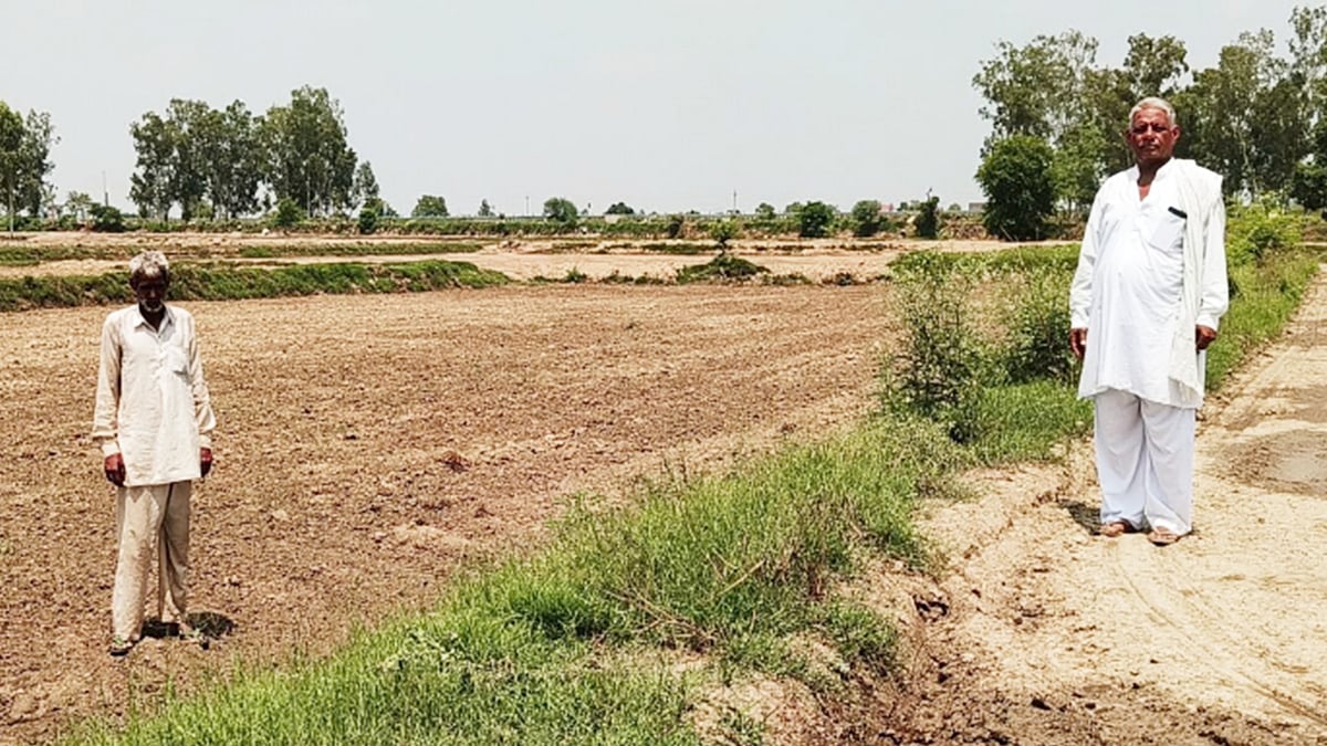 जींद जिले के किसान बूढ़ा खेड़ा गांव में हाइवे प्रोजेक्ट के लिए मिट्टी की खुदाई के बाद अपने खेतों में अंतर दिखाते हुए.