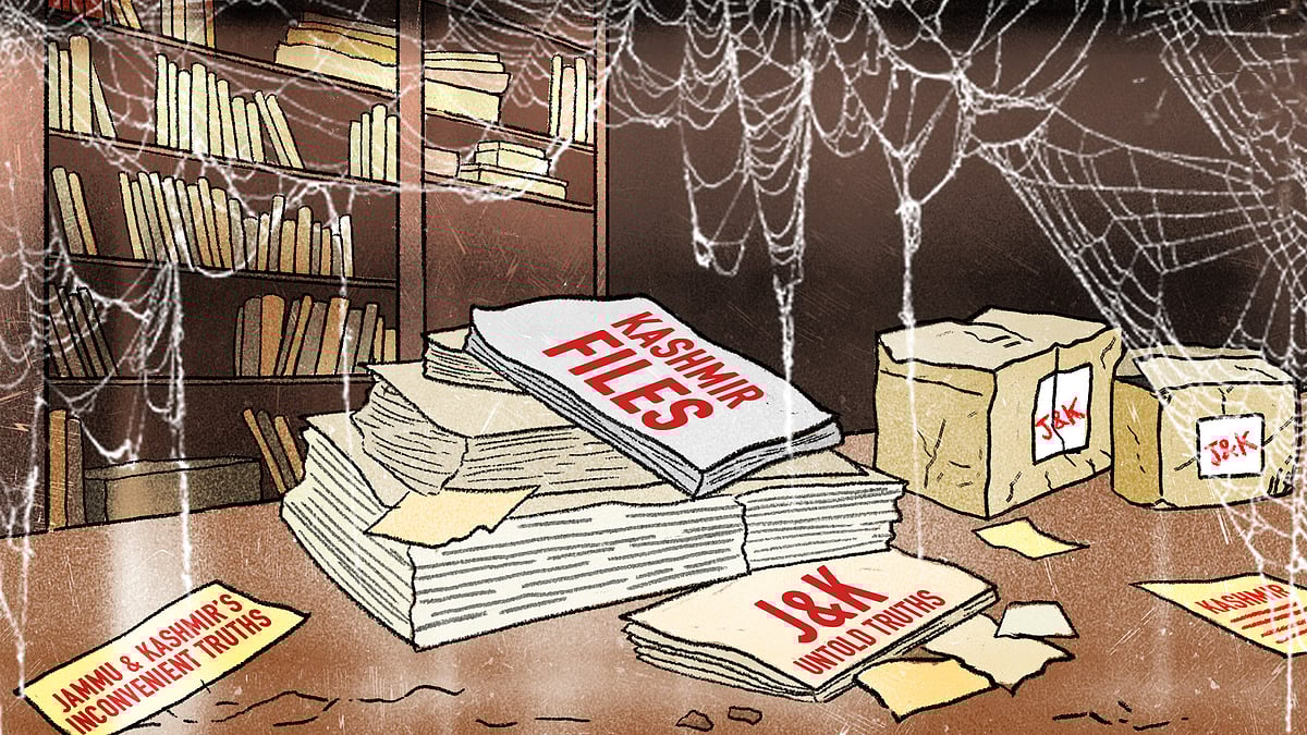 Files on Jammu and Kashmir lying in  a room with cobwebs.