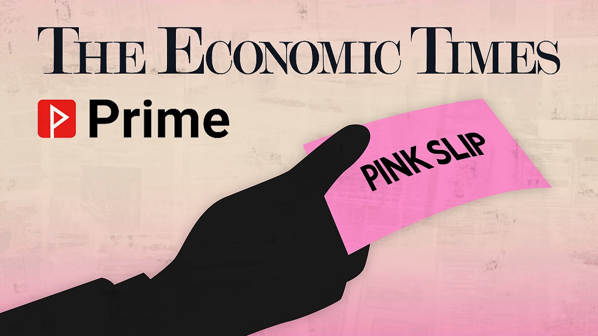 ईकॉनॉमिक्स टाइम्स प्राइम का लोगो और पिंक स्लिप देता एक हाथ 