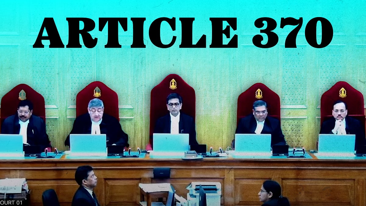A picture of the five judges delivering the verdict with Article 370 written in the background.