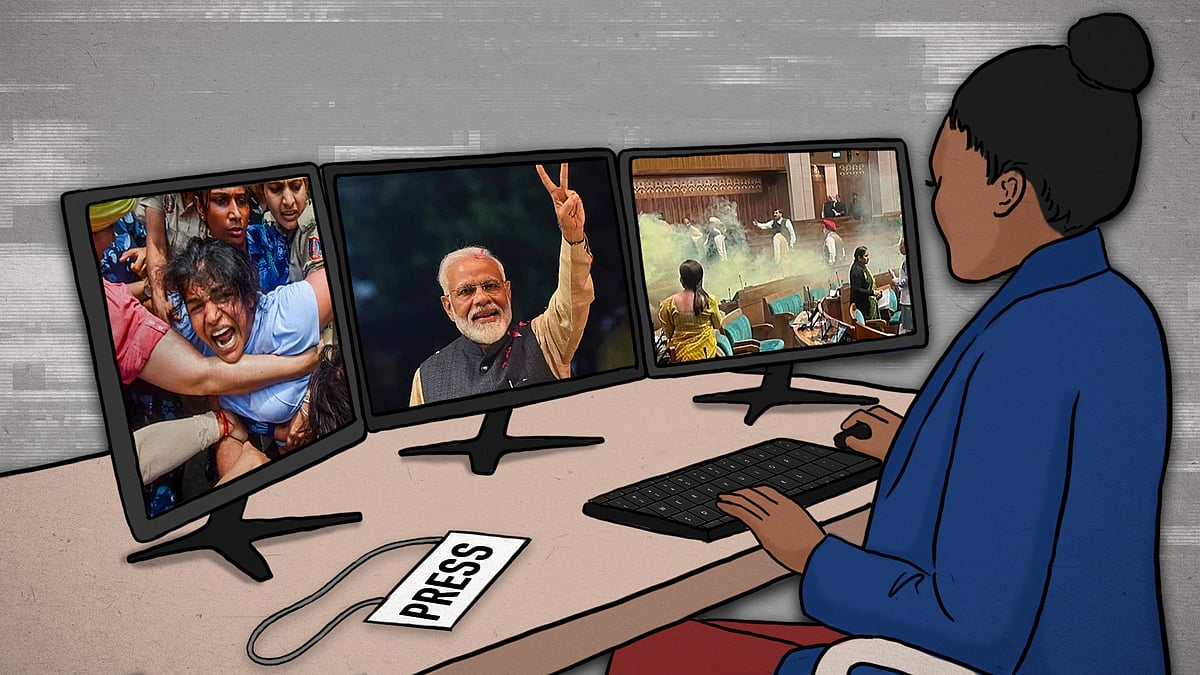 Journalist sitting in front of three monitors showing Modi, the wrestlersʼ protest, and the Parliament security breach. 