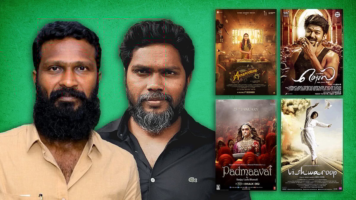 Directors Vetrimaaran and Pa Ranjith with posters of Annapoorani, Mersal, Padmaavat and Vishwaroopam.