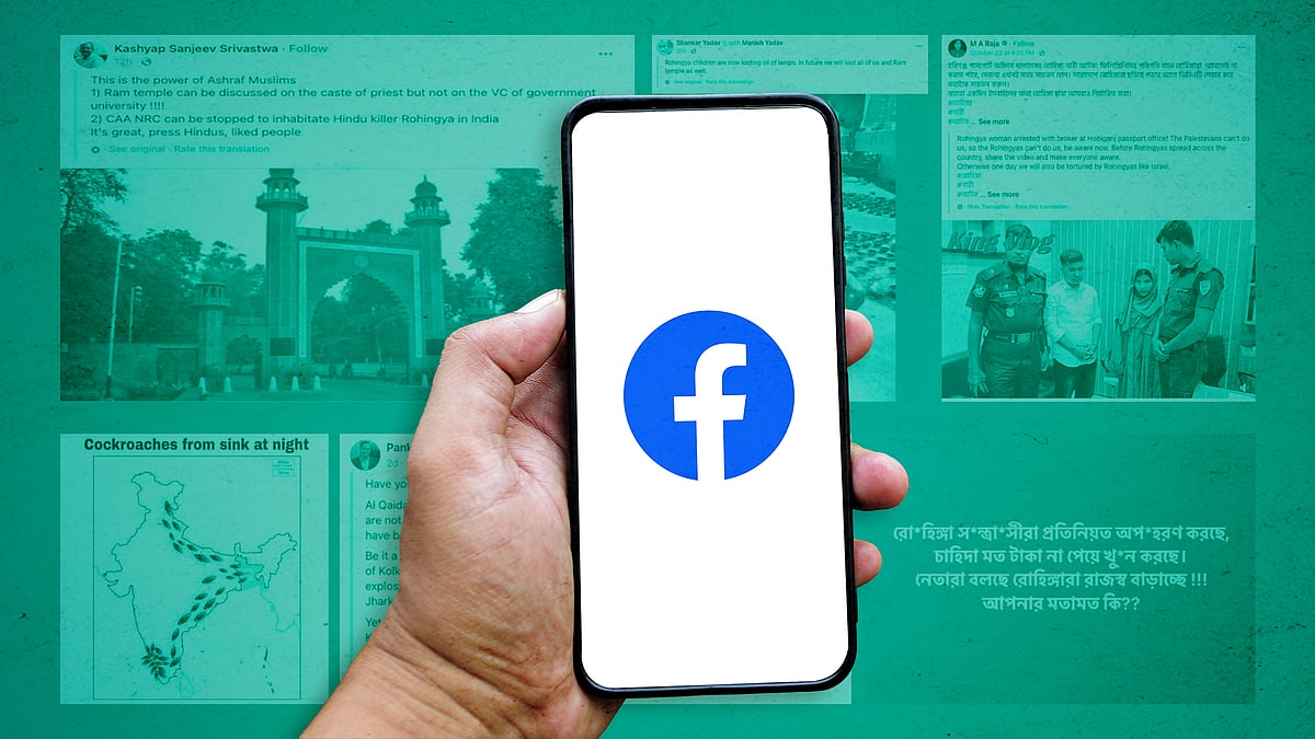 A mobile phone with Facebook open. In the background are screenshots of hate speech targeting Rohingya refugees.