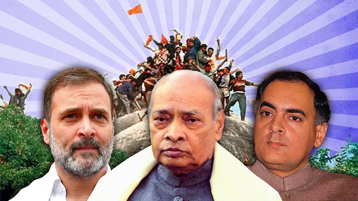 Rahul Gandhi, PV Narasimha Rao and Rajiv Gandhi, with a photograph of the Babri Masjid demolition in the background.