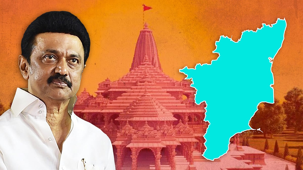 एम.के स्टालिन, तमिलनाडु का नक्शा और पृष्ठभूमि में राम मंदिर की तस्वीर