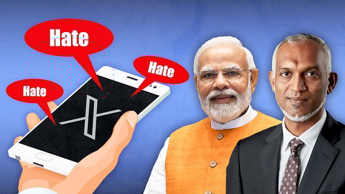 Illustration of a phone buzzing with tweets alongside pictures of Narendra Modi and Mohamed Muizzu. 