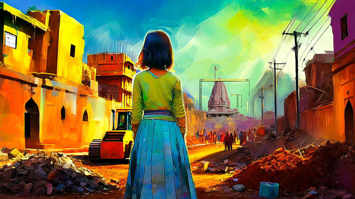 मलबे के ढेर से घिरी अयोध्या में एक लड़की निर्माणाधीन राम मंदिर को निहारती हुई. 