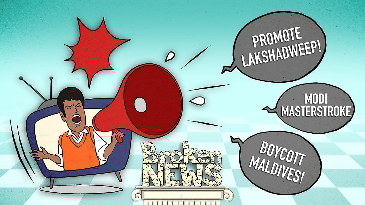 Illustration of a man shouting 'promote Lakshadweep!', 'Modi Masterstroke', and 'Boycott Maldives'.