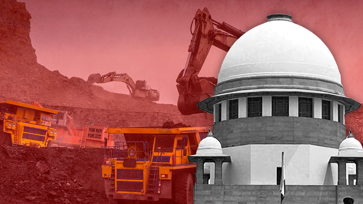 Pictures of the Supreme Court of India, and mining activities.  