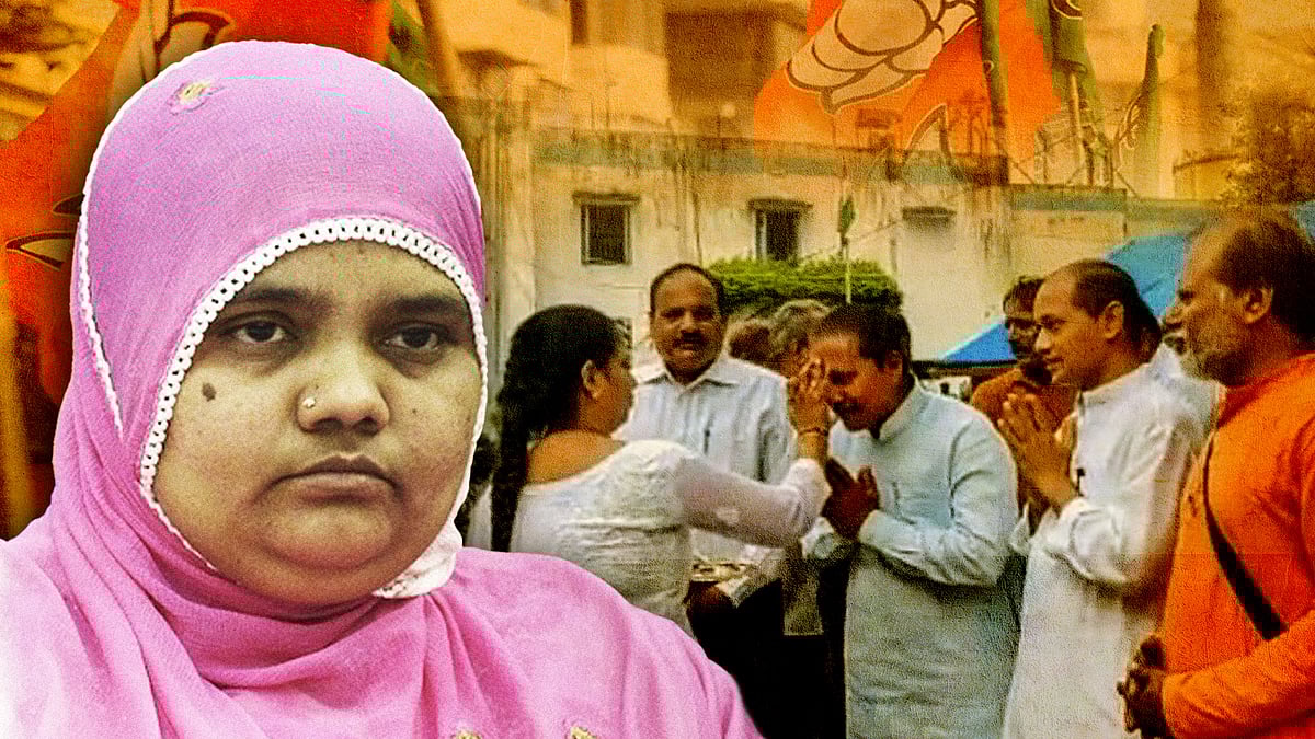 A picture cut out of Bilkis Bano alongside the picture the gangrape convicts being welcomed after release. 