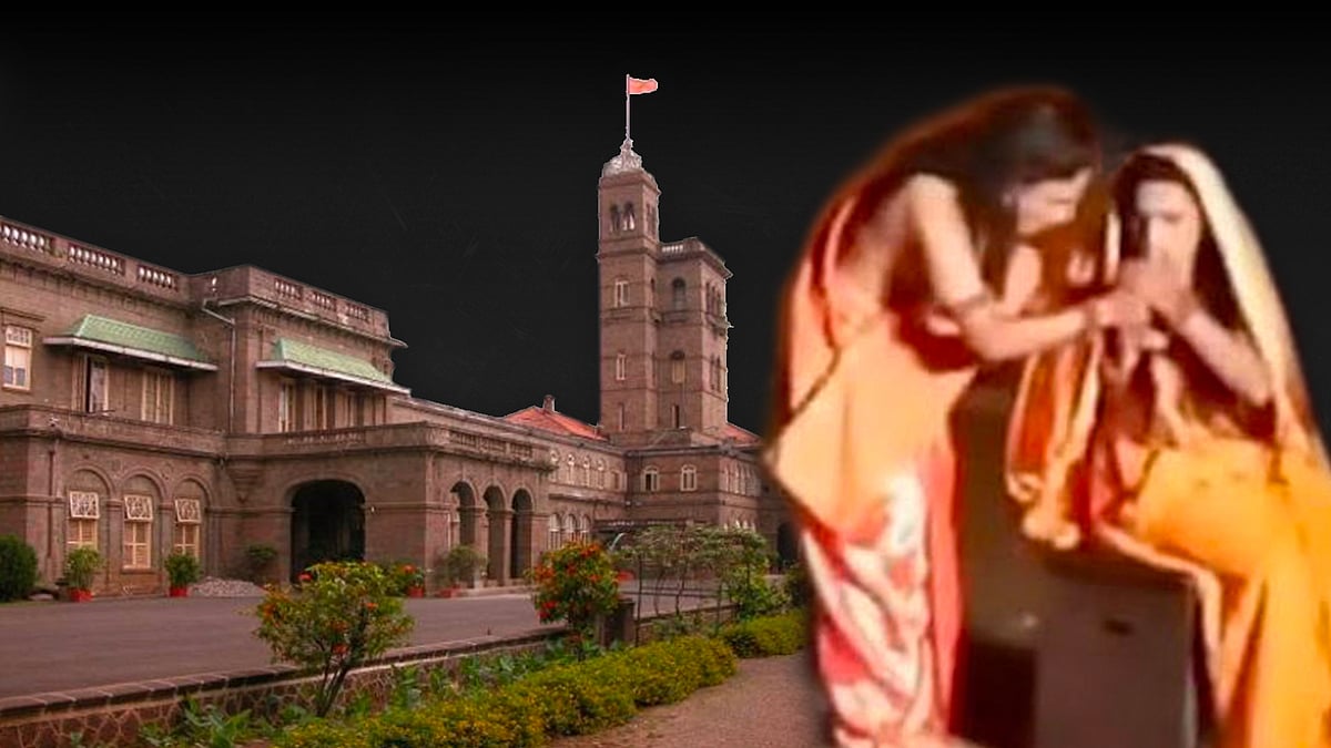 SPPU with a scene from the controversial play showing an actor dressed as Sita lighting a cigarette.