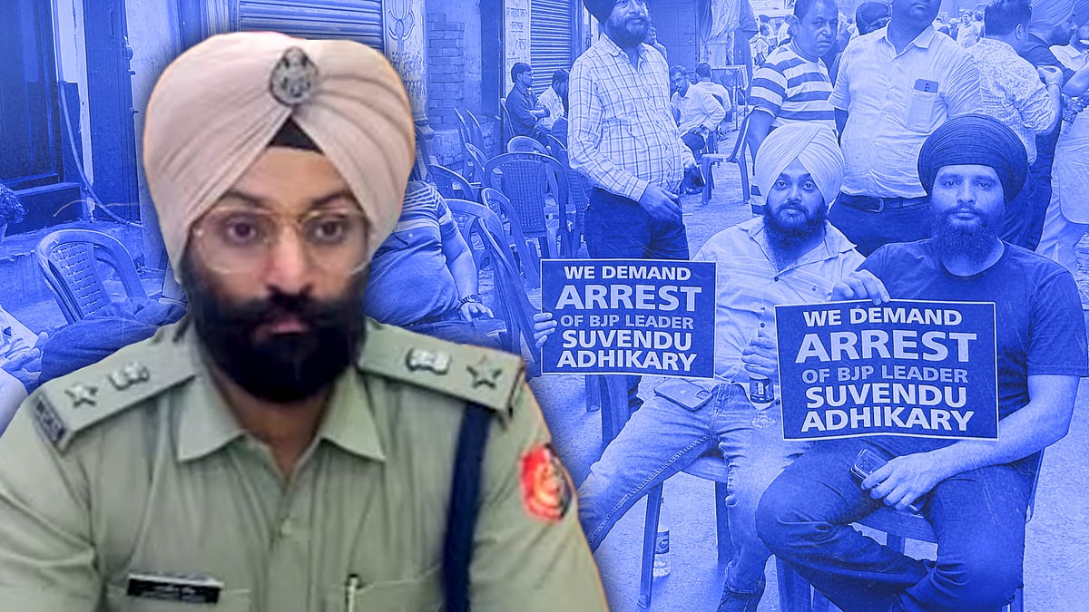 IPS officer Jaspreet Singh. In the background is a picture of Sikhs protesting in Kolkata.