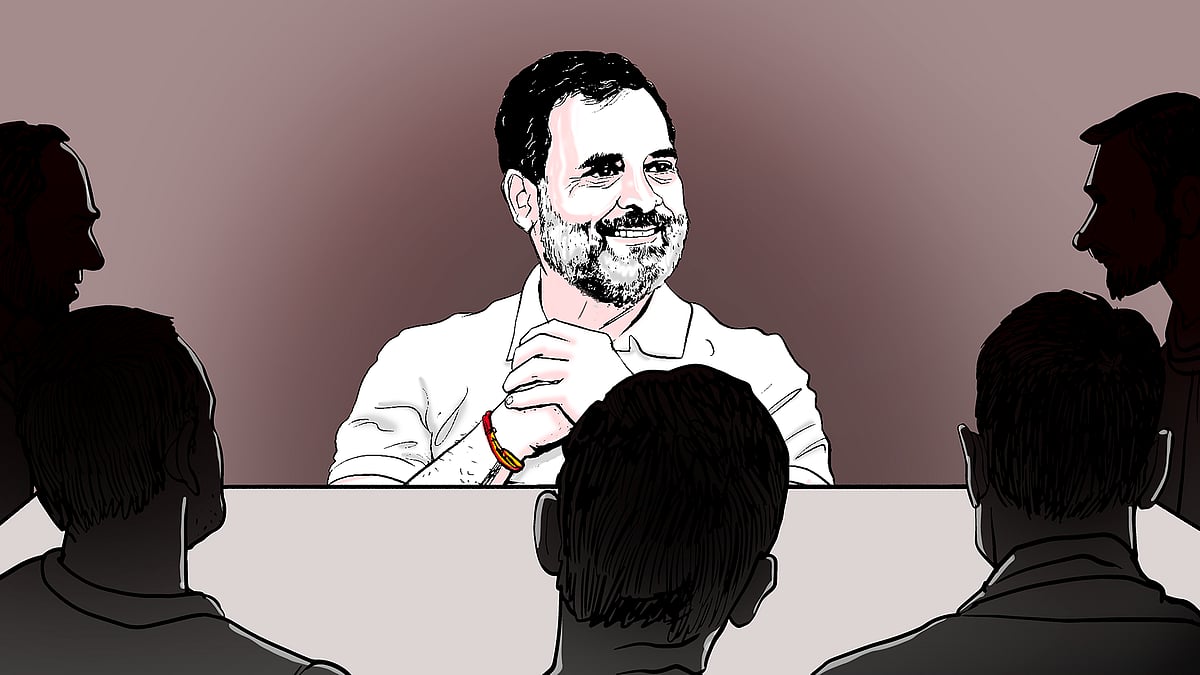 Illustration of Rahul Gandhi and a table with five other people.