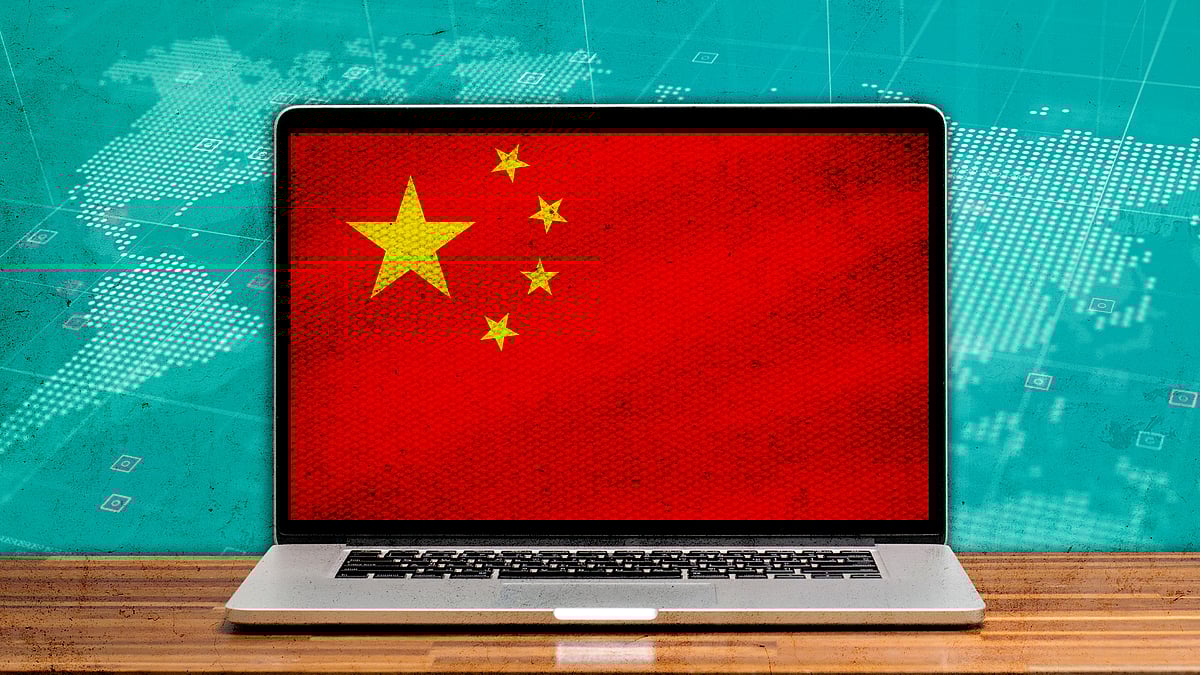 A laptop with Chinese flag on the screen.