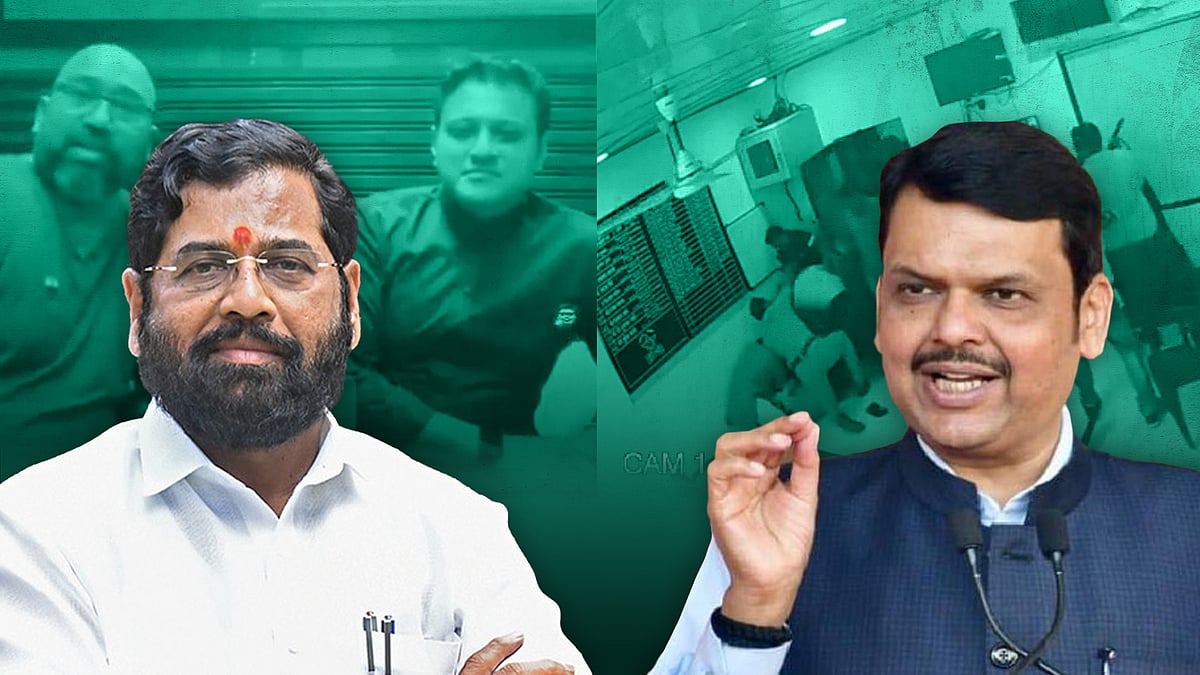 Eknath Shinde and Devendra Fadnavis, with screengrabs in the background showing the two shootings.