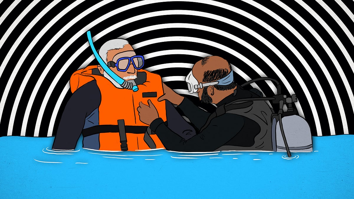 Illustration of Modi scuba-diving in the Arabian Sea.