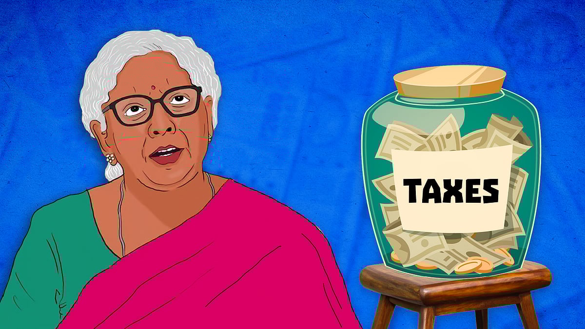 Illustration of Finance Minister Nirmala Sitharam alongside a jar labelled 'taxes'. 
