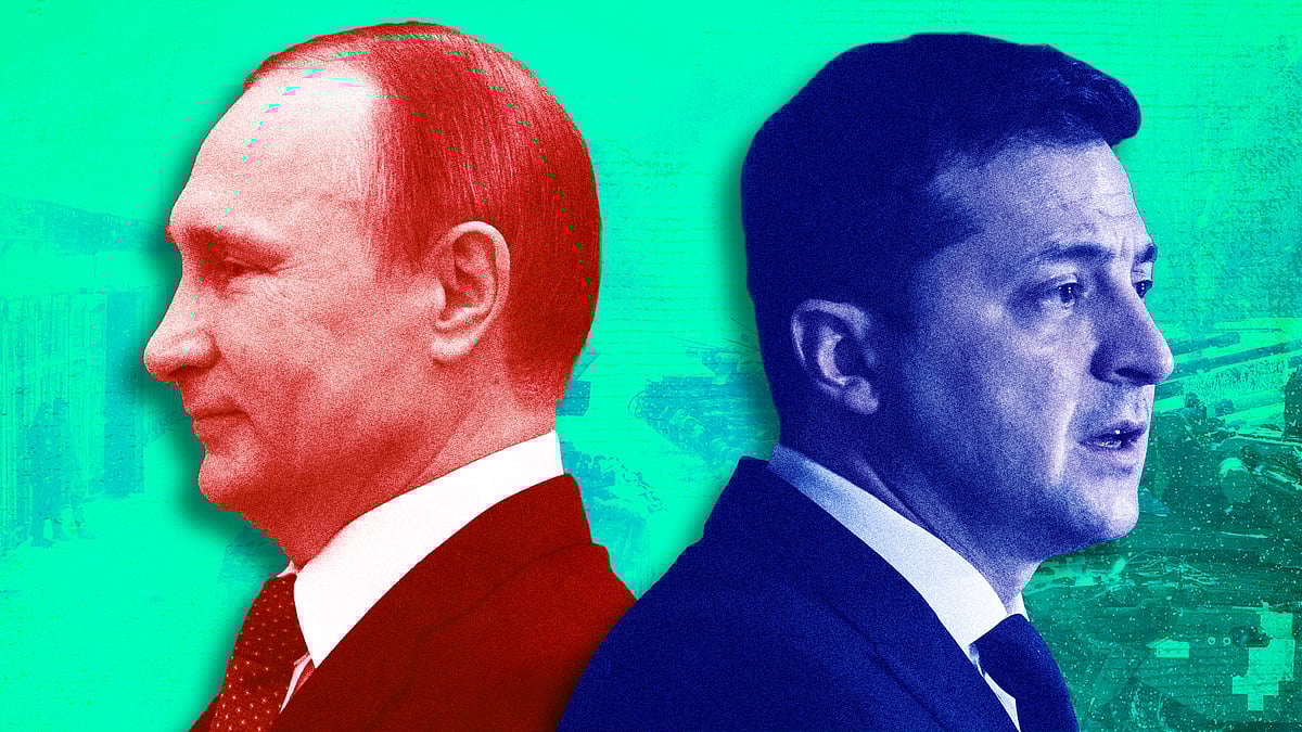 Putin and Zelenskyy standing back to back.