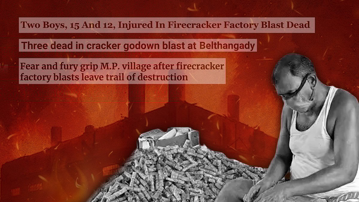 A worker at a firecracker factor. In the background are newspaper headlines on firecracker deaths.