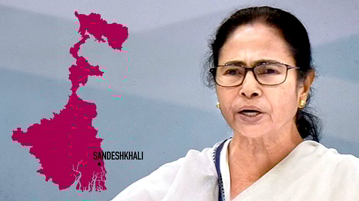 Mamata Banerjee with a map of West Bengal showing Sandeshkhali.