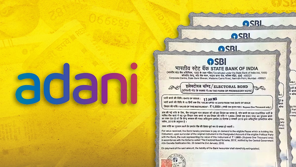 Adani logo and images of electoral bonds.