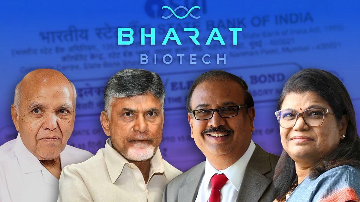 Ramoji Rao, Chandrababu Naidu, Krishna Ella and Suchitra Ella, with the Bharat Biotech logo.