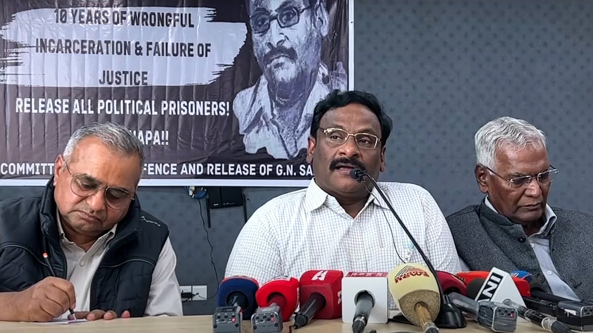 GN Saibaba at the press conference on Friday in Delhi. 
