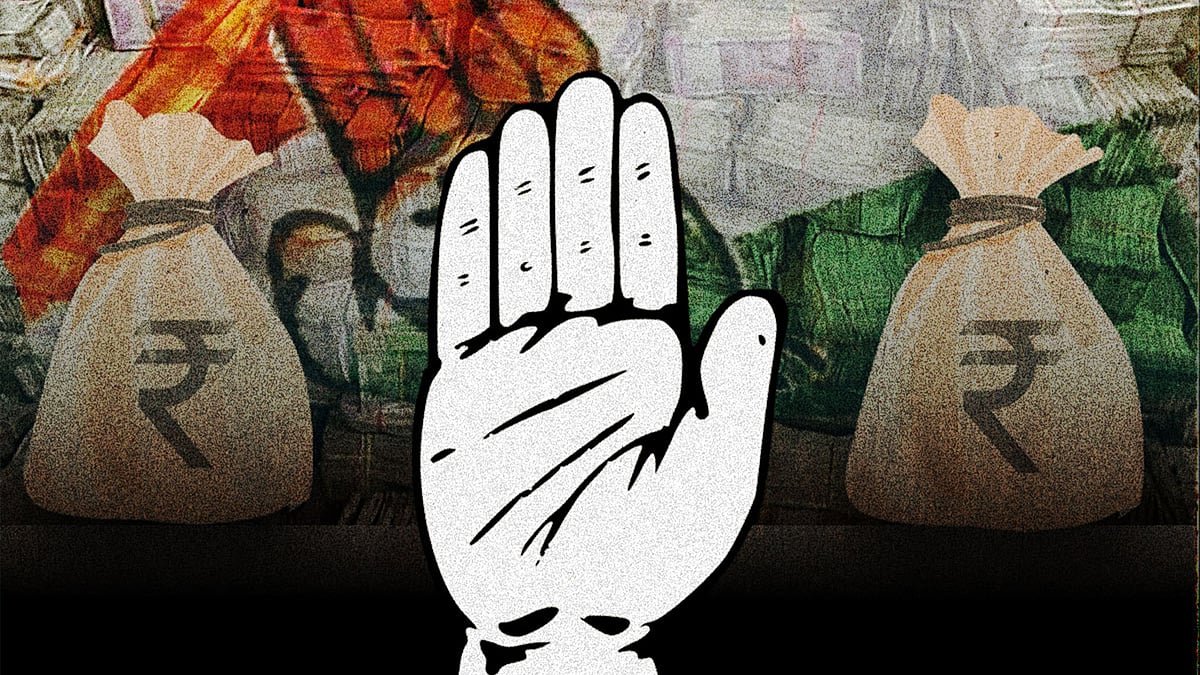 The Congress logo with bags of money and the Indian flag colours behind it.