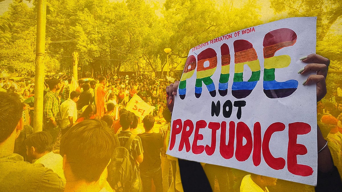 A poster saying 'Pride, not prejudice'. 
