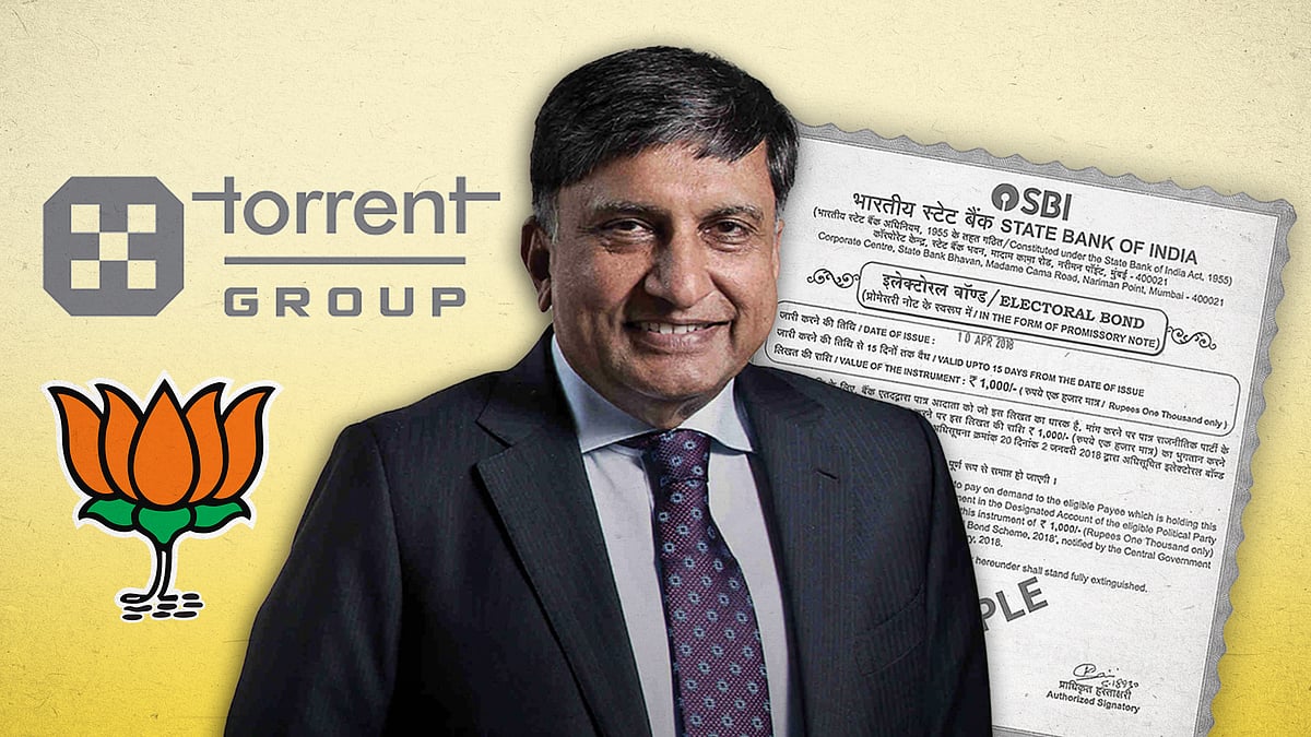Sudhir Mehta with the Torrent group logo, the BJP logo, and a picture of electoral bonds.