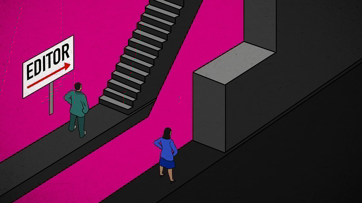 A usual staircase in front of male employee alongside an 'Editor' signage and steep stairs the female. 