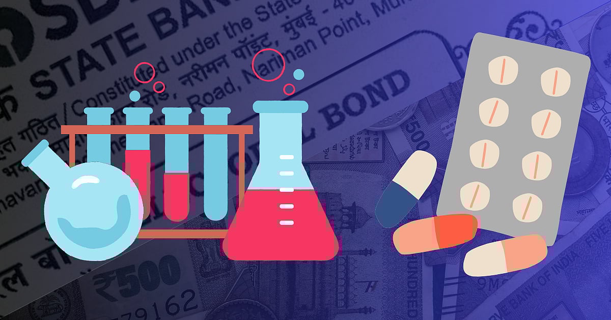 Pictures of drugs and tablets with electoral bonds in the background.