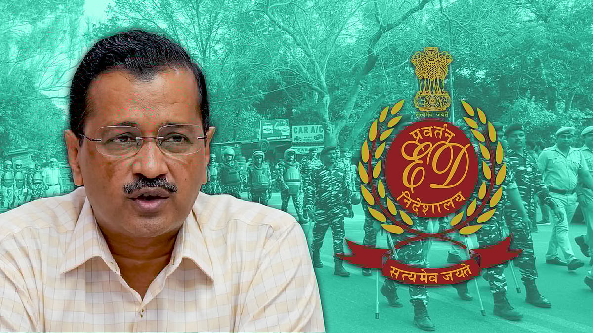 अरविंद केजरीवाल और प्रवर्तन निदेशालय (ईडी) का लोगो.