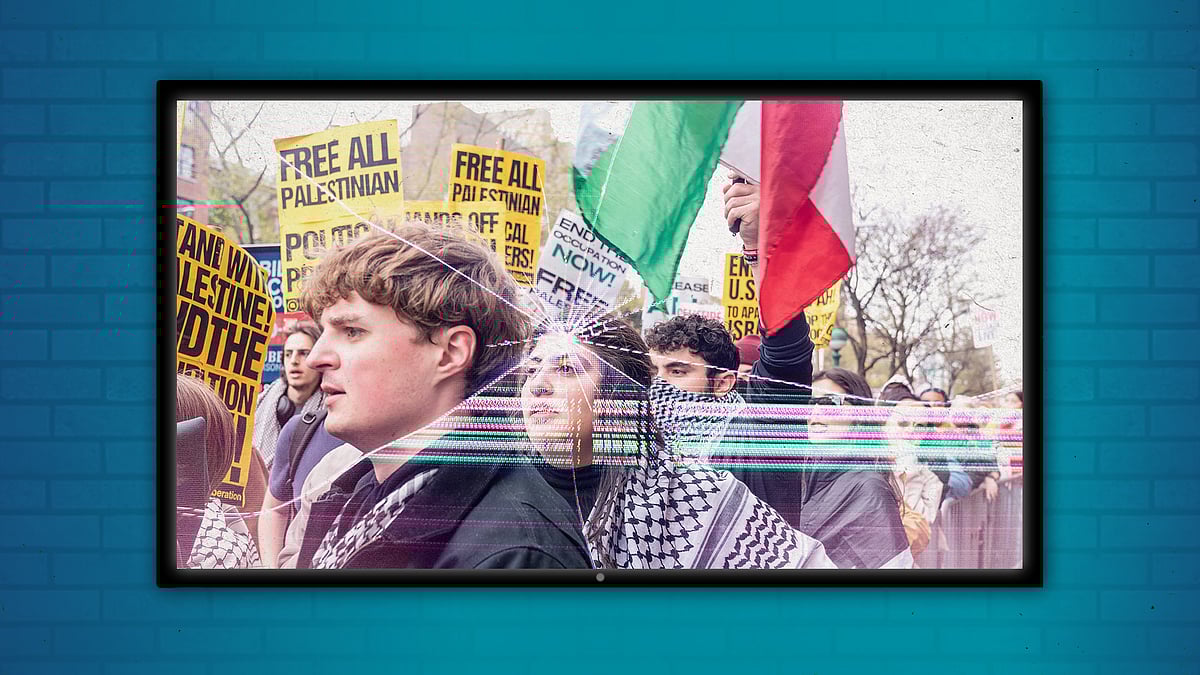 A picture from the protests on a broken TV screen. 