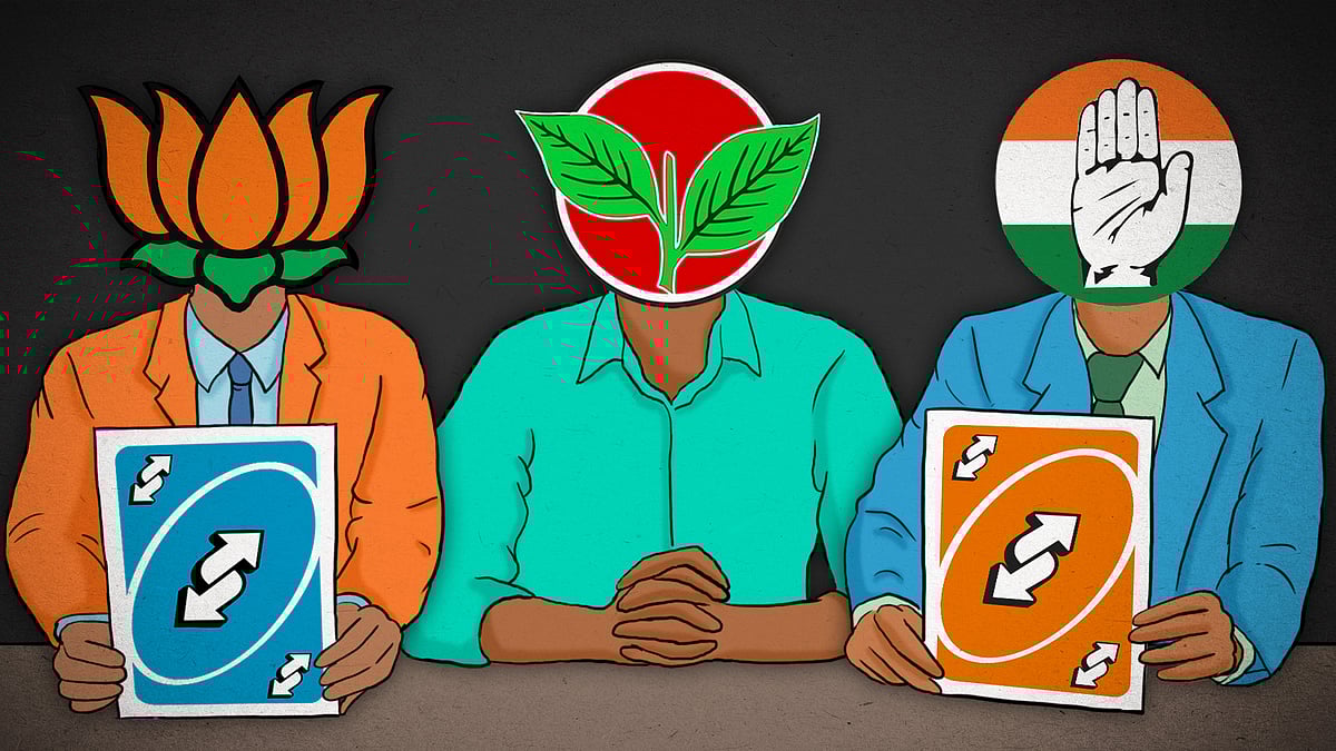 सिर के रूप में पार्टी के लोगो के साथ मानव आकृतियों का चित्रण- भाजपा और कांग्रेस यूएनओ रिवर्स कार्ड पकड़े हुए हैं. 