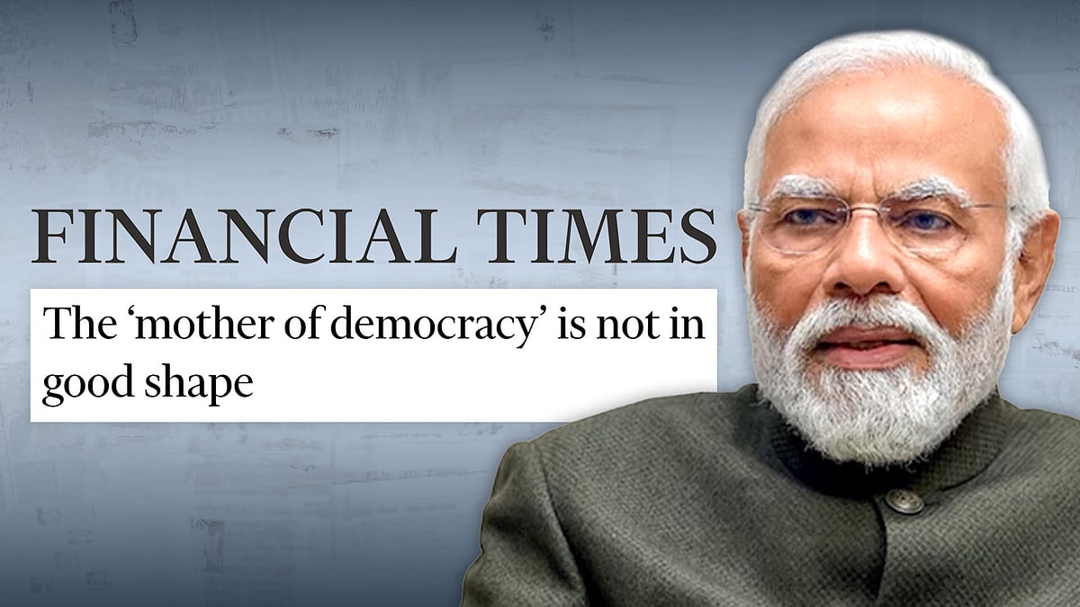 Prime Minister Narendra Modi and Financial Times editorial's headline. 