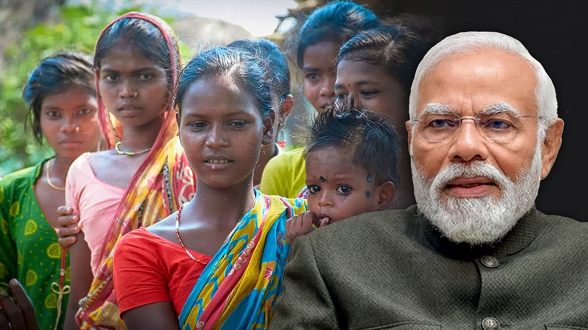 Modi with a representational image of young women in India.