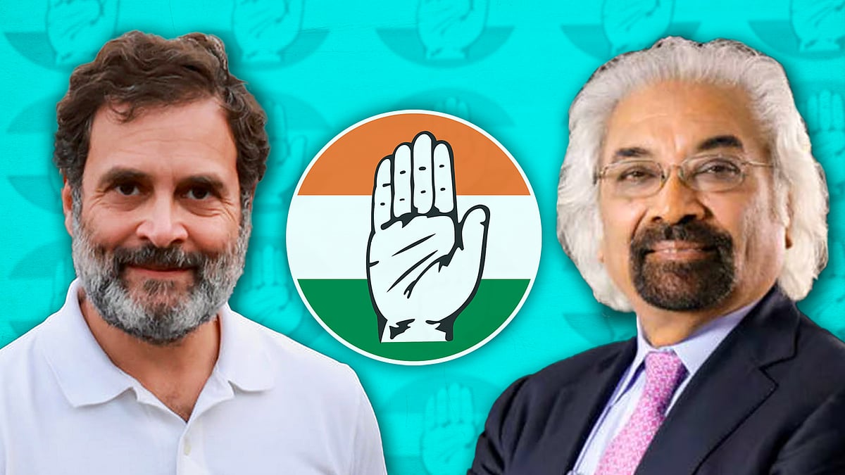 Rahul Gandhi and Sam Pitroda with the Congress logo. 