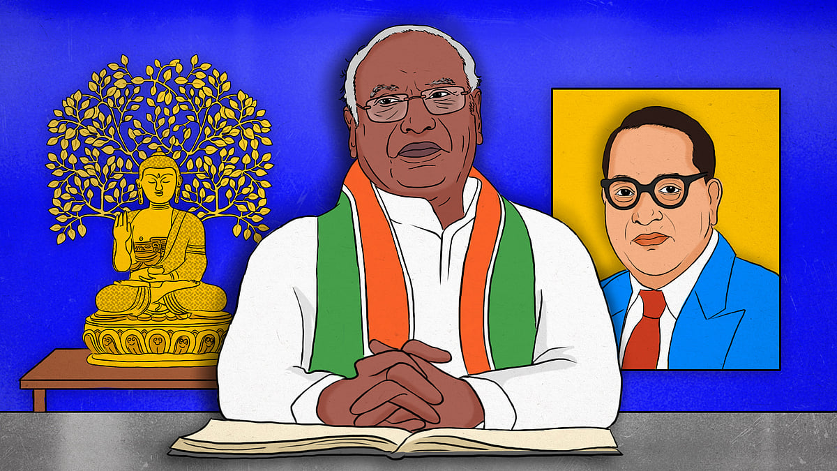 Illustration of Mallikarjun Kharge with a Buddha statue and a portrait of Dr Ambedkar.