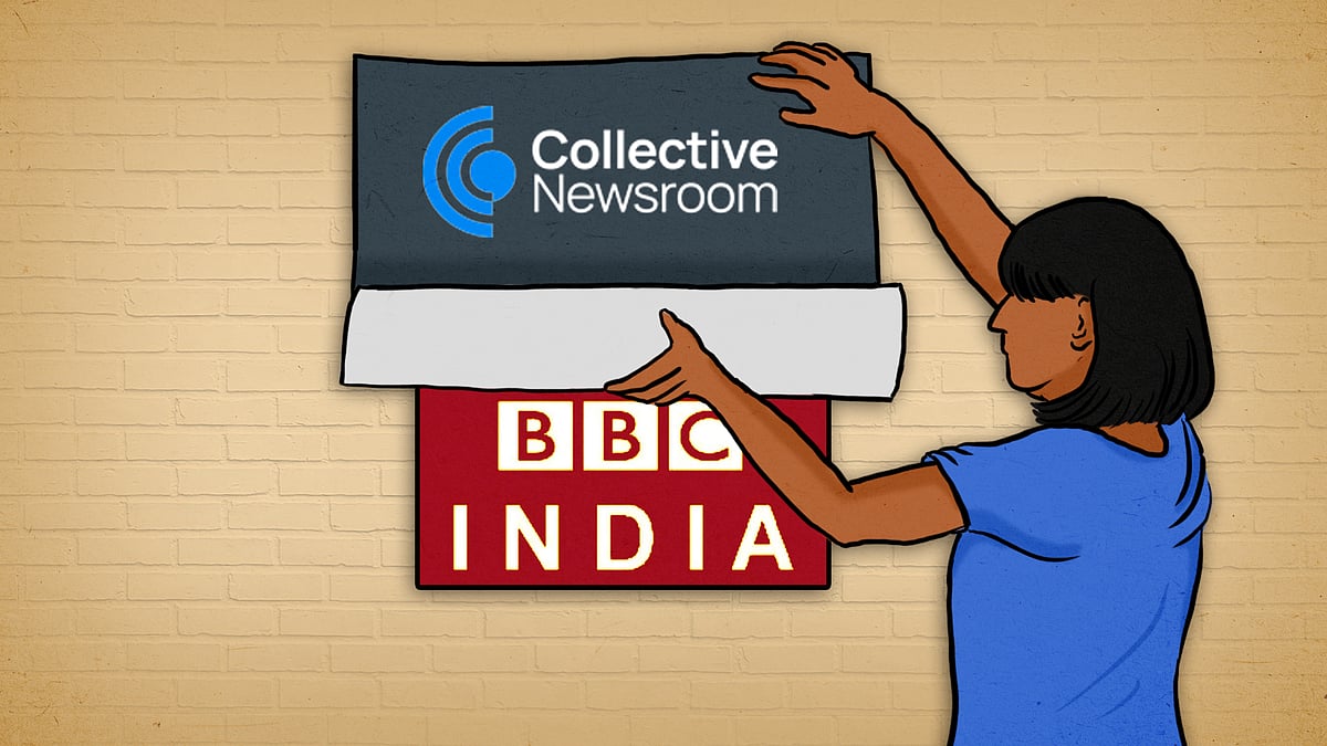 A sign for Collective Newsroom being placed over a BBC India sign.