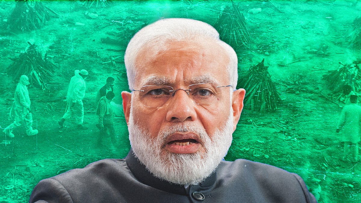 Modi with a photo of pandemic cremations in the background.