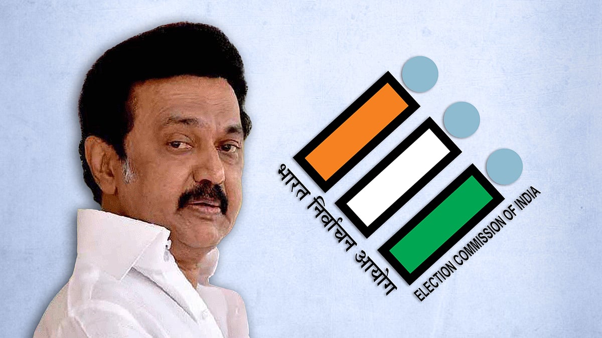 DMK chief MK Stalin and the logo of the Election Commission of India.