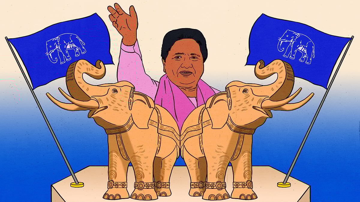 Illustration of Mayawati with the BSP flag and two elephants.