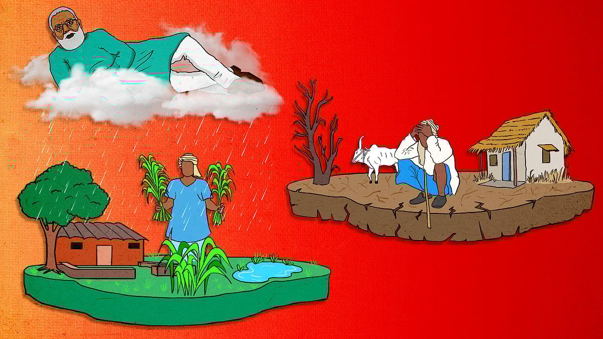 Illustrations of farmers with Modi reclining on a cloud.