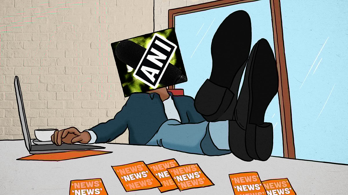 एएनआई लोगो वाले व्यवसायी का चित्रण, जिसका मुखिया लैपटॉप पर स्क्रॉल कर रहा है.