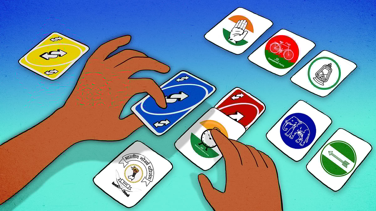 Cards with party logos and the reverse UNO cards.