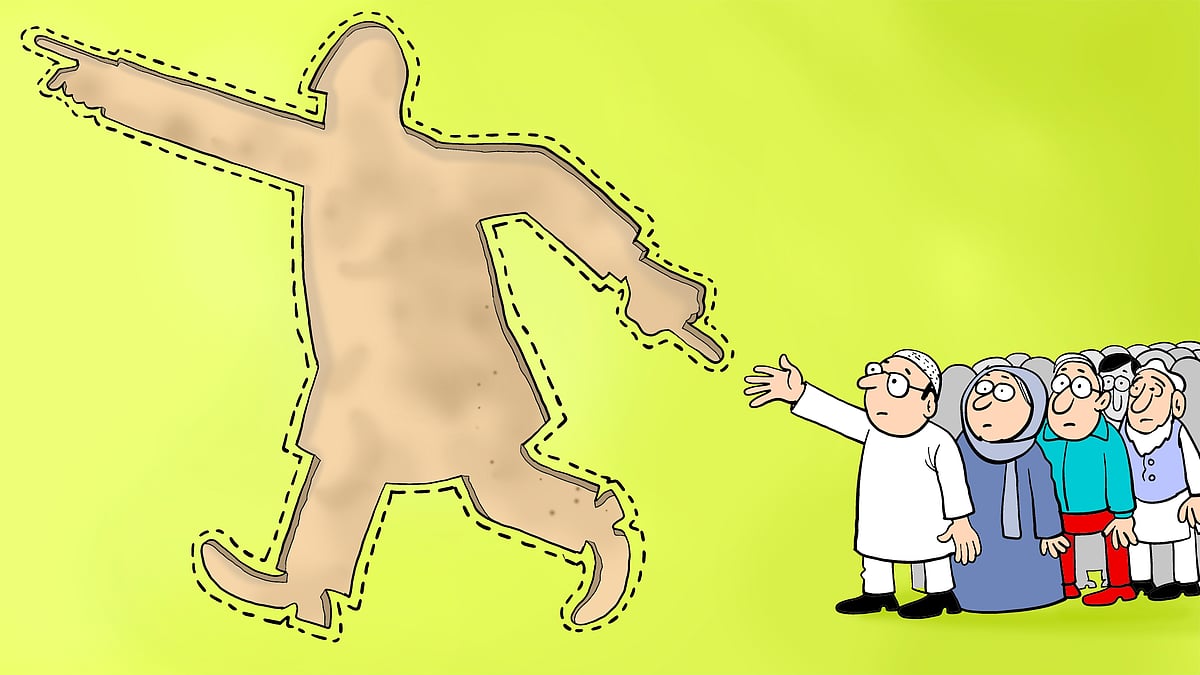 Cartoon showing a missing politician while a group of Muslims reach out for his hand.